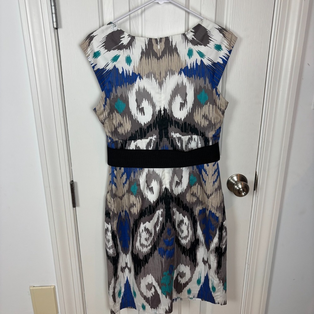 maxandcleo Shandra Sapphire Ikat Print Belted Sheath‎ Dress Size 10 - Picture 3 of 7